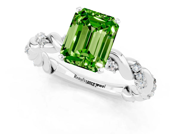 Silver Emerald Cut Peridot Solitaire Ring with Twisted Band and Pavé Accents