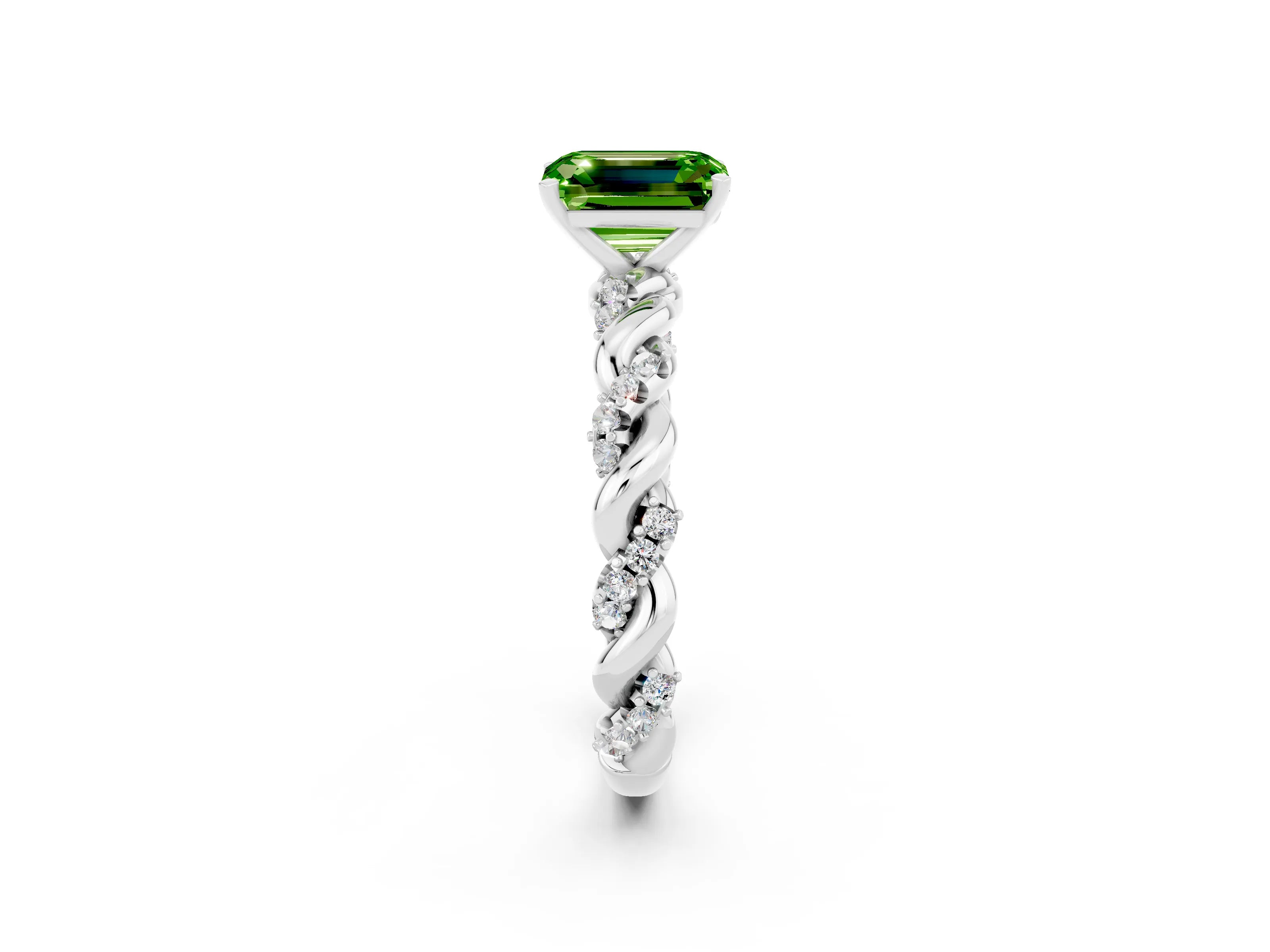 White gold Emerald Cut Peridot Solitaire Ring with Twisted Band and Pavé Accents_2