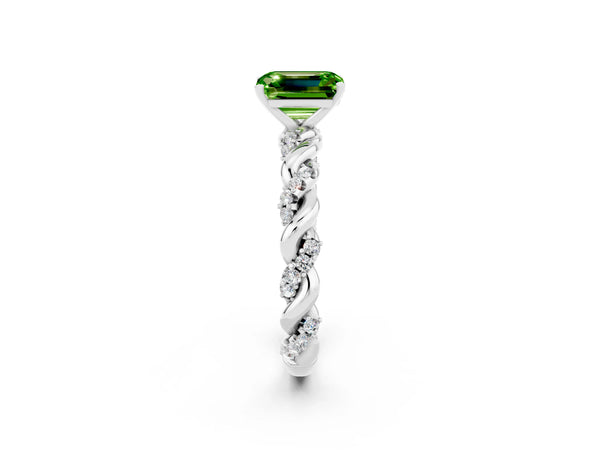 Platinum Emerald Cut Peridot Solitaire Ring with Twisted Band and Pavé Accents