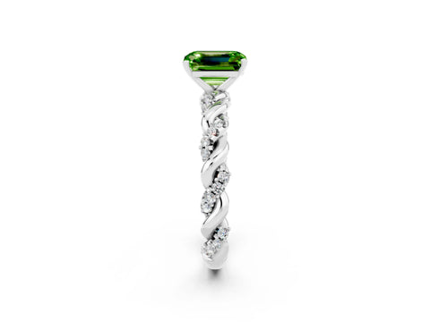 White gold Emerald Cut Peridot Solitaire Ring with Twisted Band and Pavé Accents_2