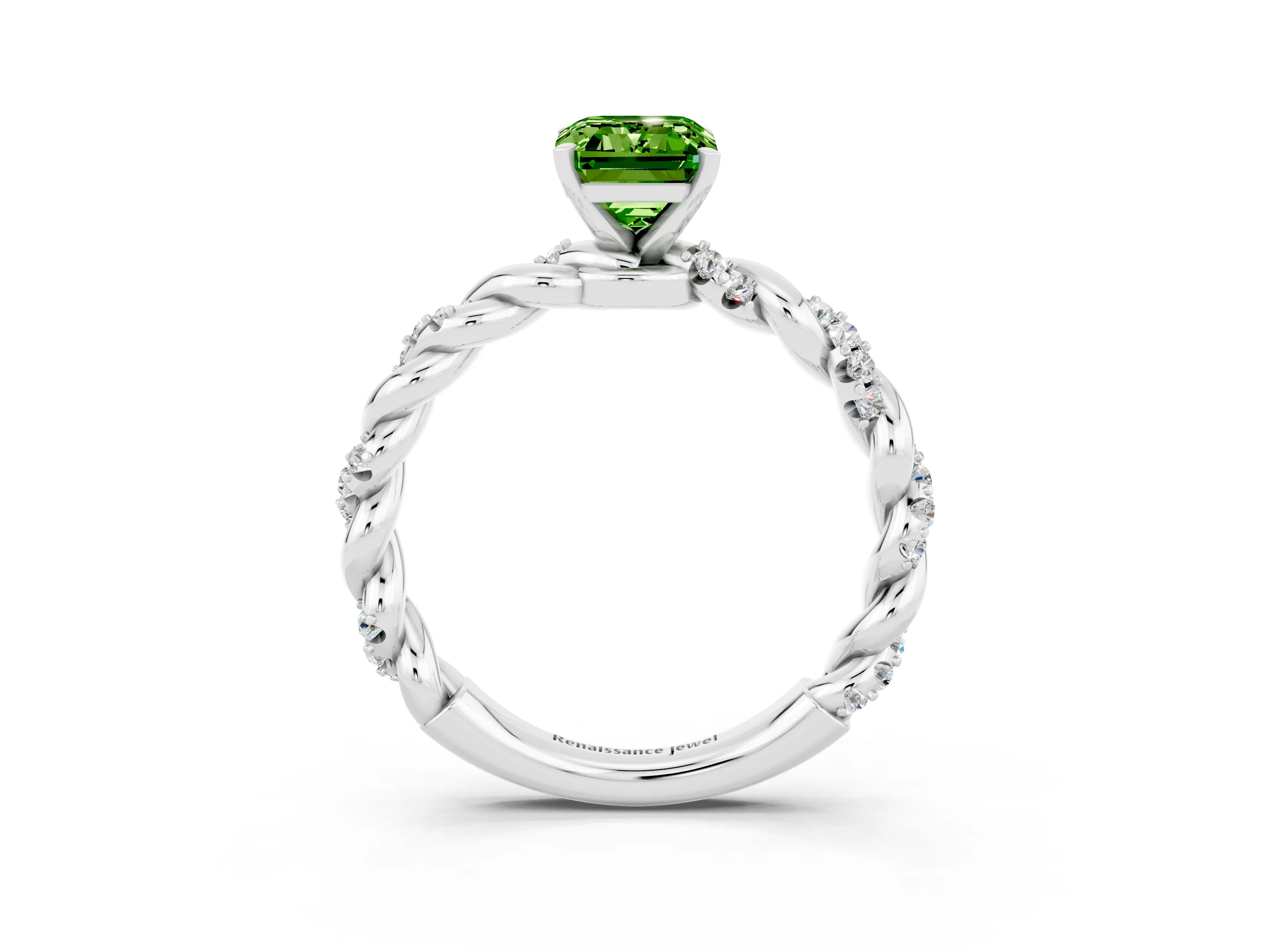 White gold Emerald Cut Peridot Solitaire Ring with Twisted Band and Pavé Accents_3