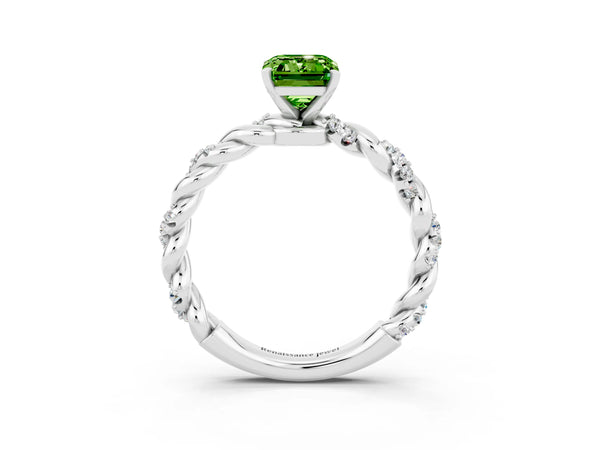 White gold Emerald Cut Peridot Solitaire Ring with Twisted Band and Pavé Accents