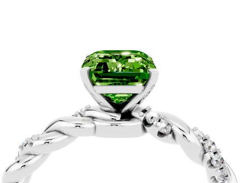 White gold Emerald Cut Peridot Solitaire Ring with Twisted Band and Pavé Accents_4