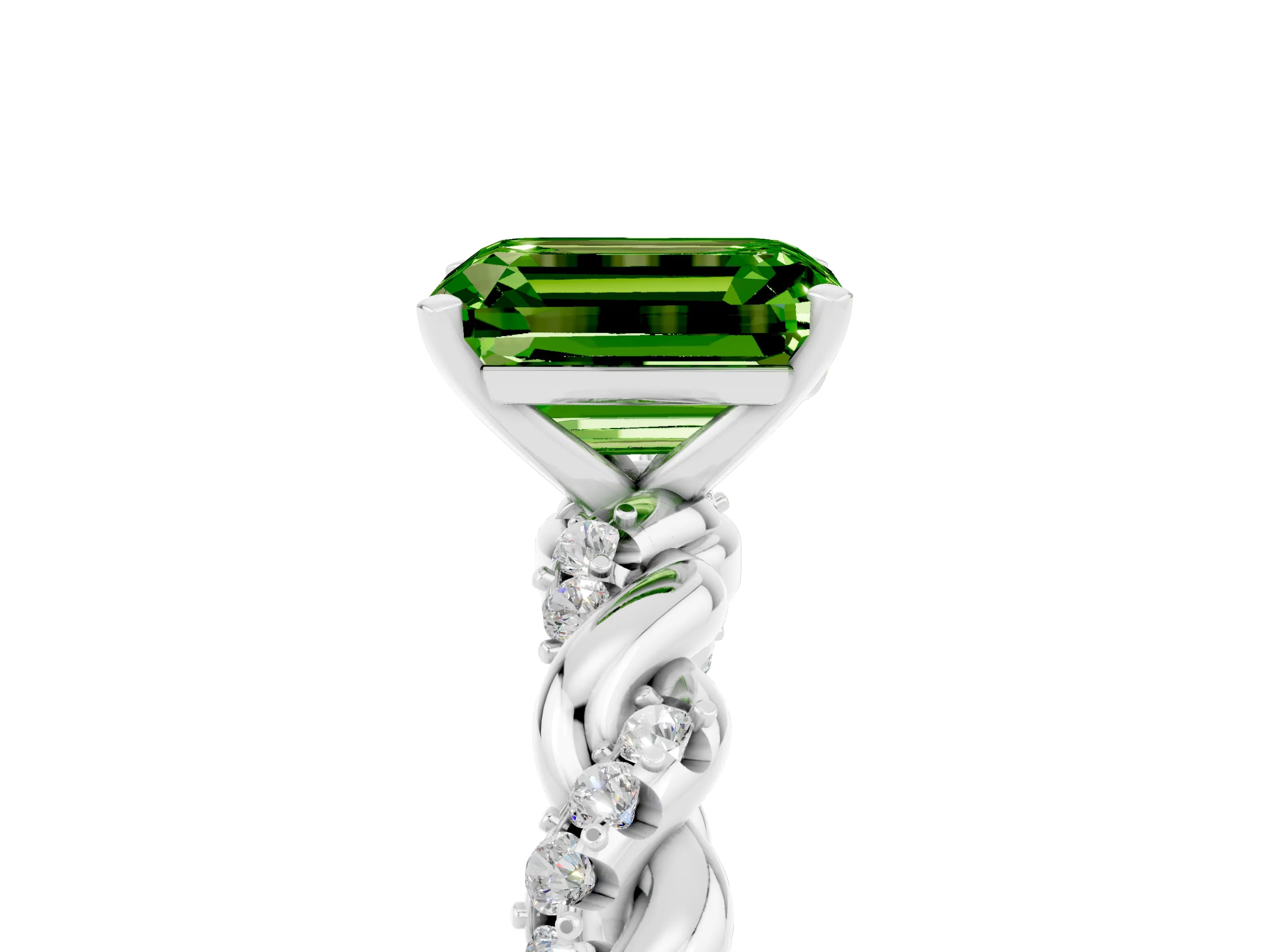 White gold Emerald Cut Peridot Solitaire Ring with Twisted Band and Pavé Accents_5