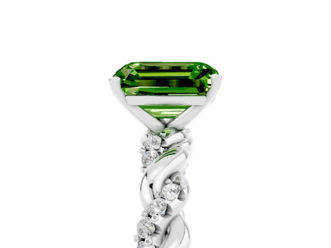 White gold Emerald Cut Peridot Solitaire Ring with Twisted Band and Pavé Accents_5