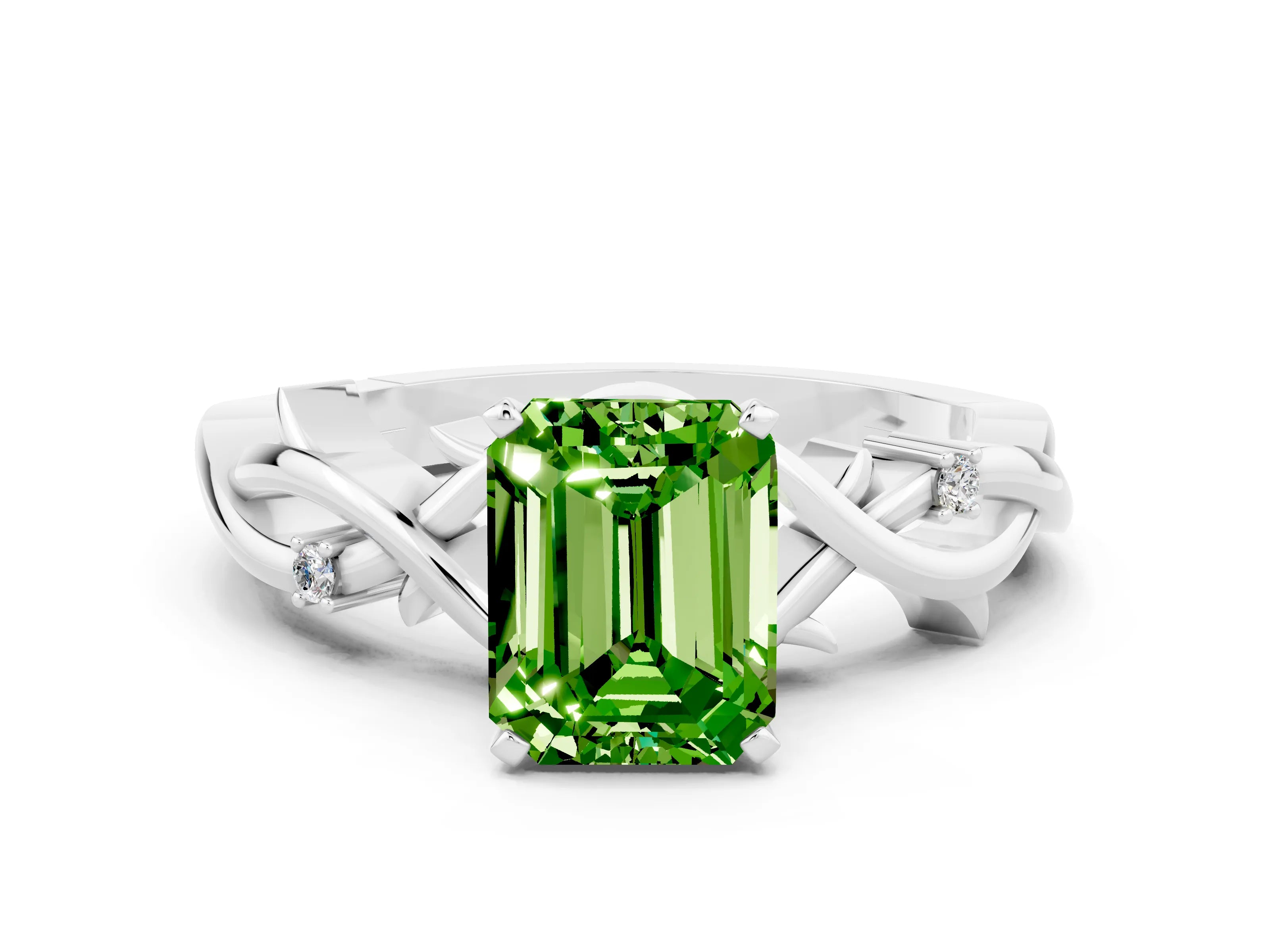 White gold Emerald Cut Peridot Solitaire Ring with Twisted Band and Prong Setting
