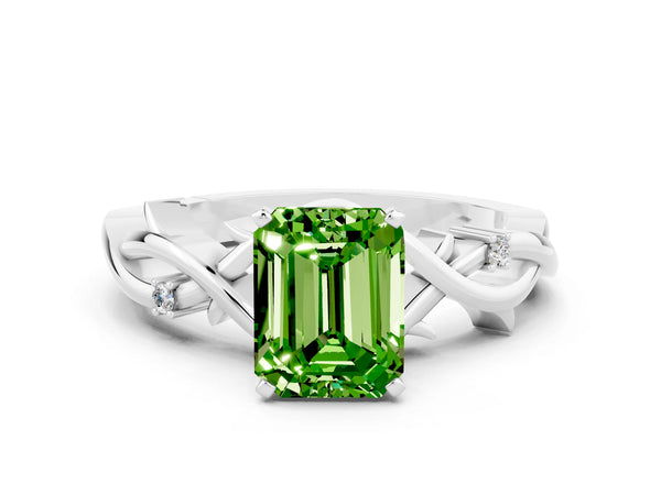 White gold Emerald Cut Peridot Solitaire Ring with Twisted Band and Prong Setting