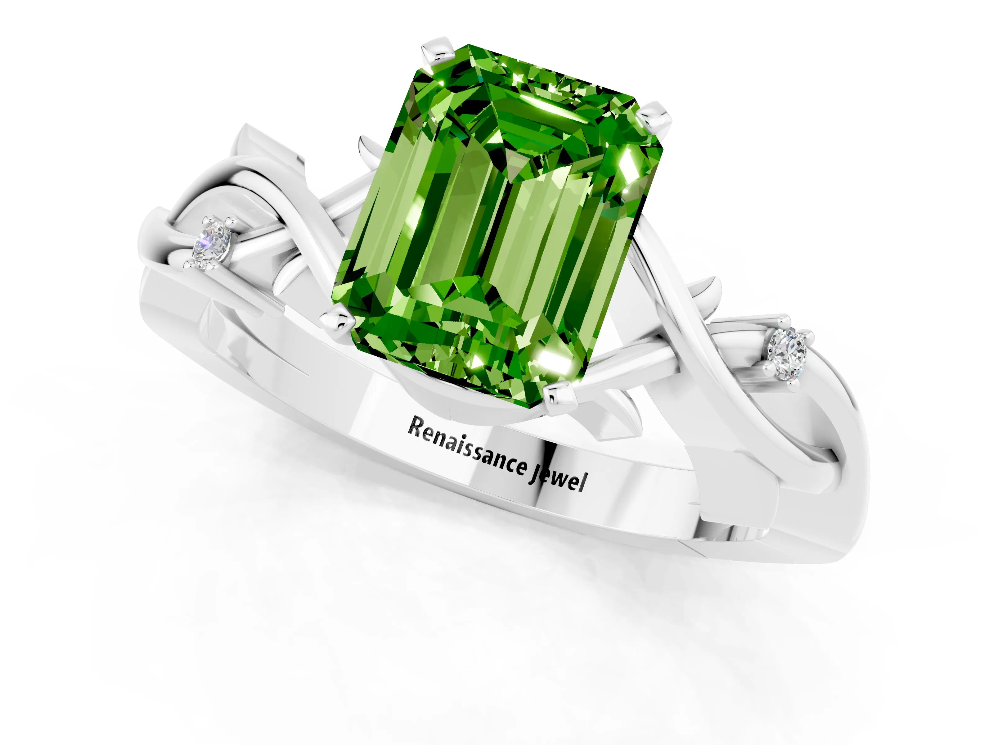 White gold Emerald Cut Peridot Solitaire Ring with Twisted Band and Prong Setting_13