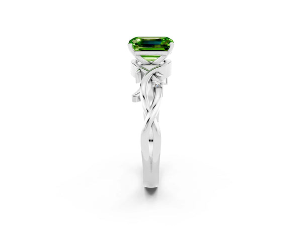 White gold Emerald Cut Peridot Solitaire Ring with Twisted Band and Prong Setting