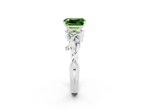 White gold Emerald Cut Peridot Solitaire Ring with Twisted Band and Prong Setting_14