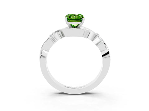 White gold Emerald Cut Peridot Solitaire Ring with Twisted Band and Prong Setting_15