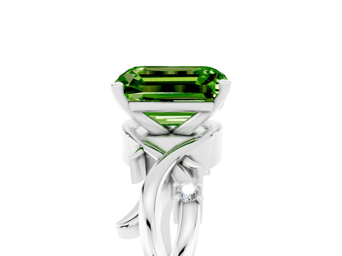 White gold Emerald Cut Peridot Solitaire Ring with Twisted Band and Prong Setting_17