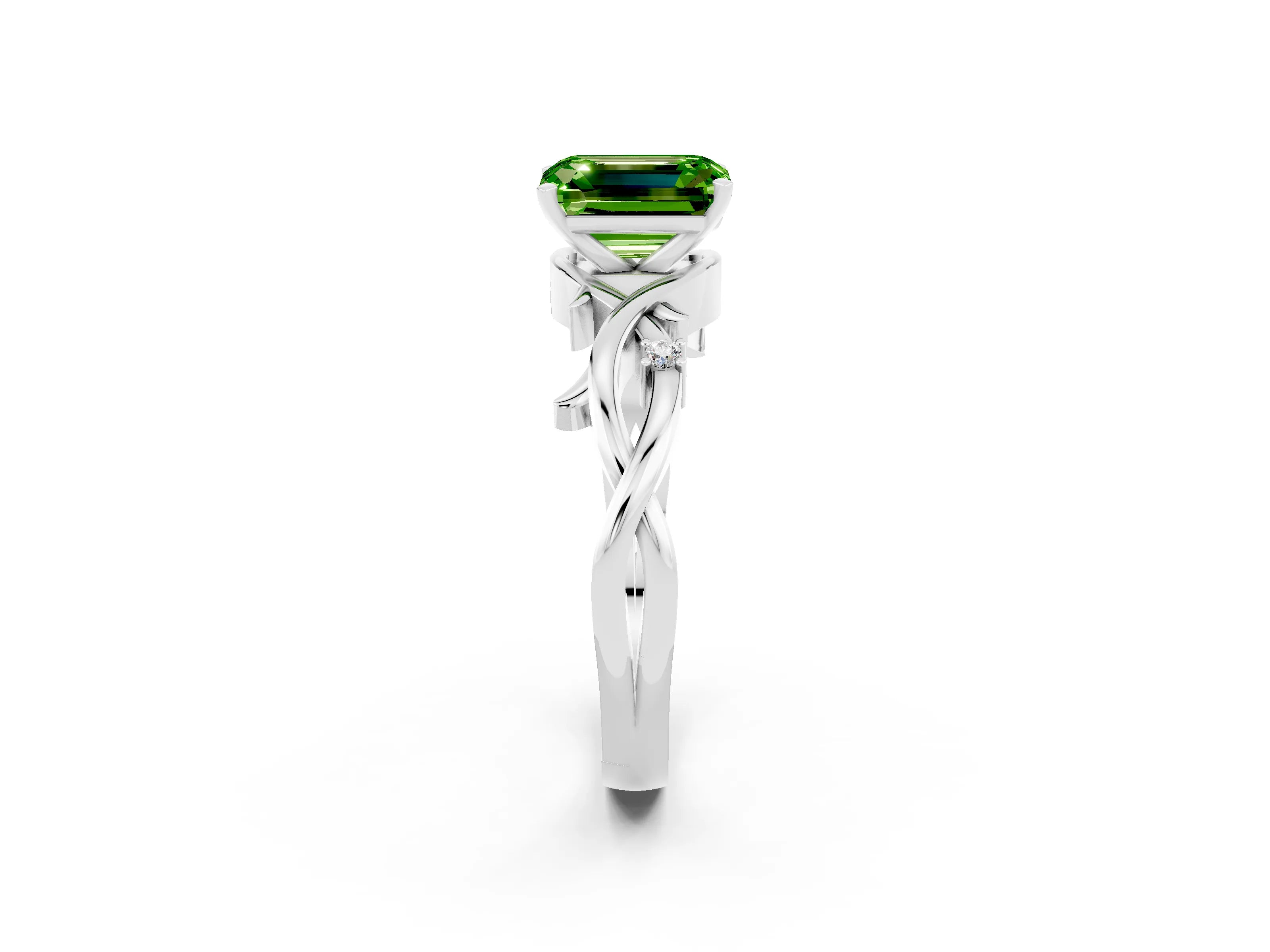 White gold Emerald Cut Peridot Solitaire Ring with Twisted Band and Prong Setting_2