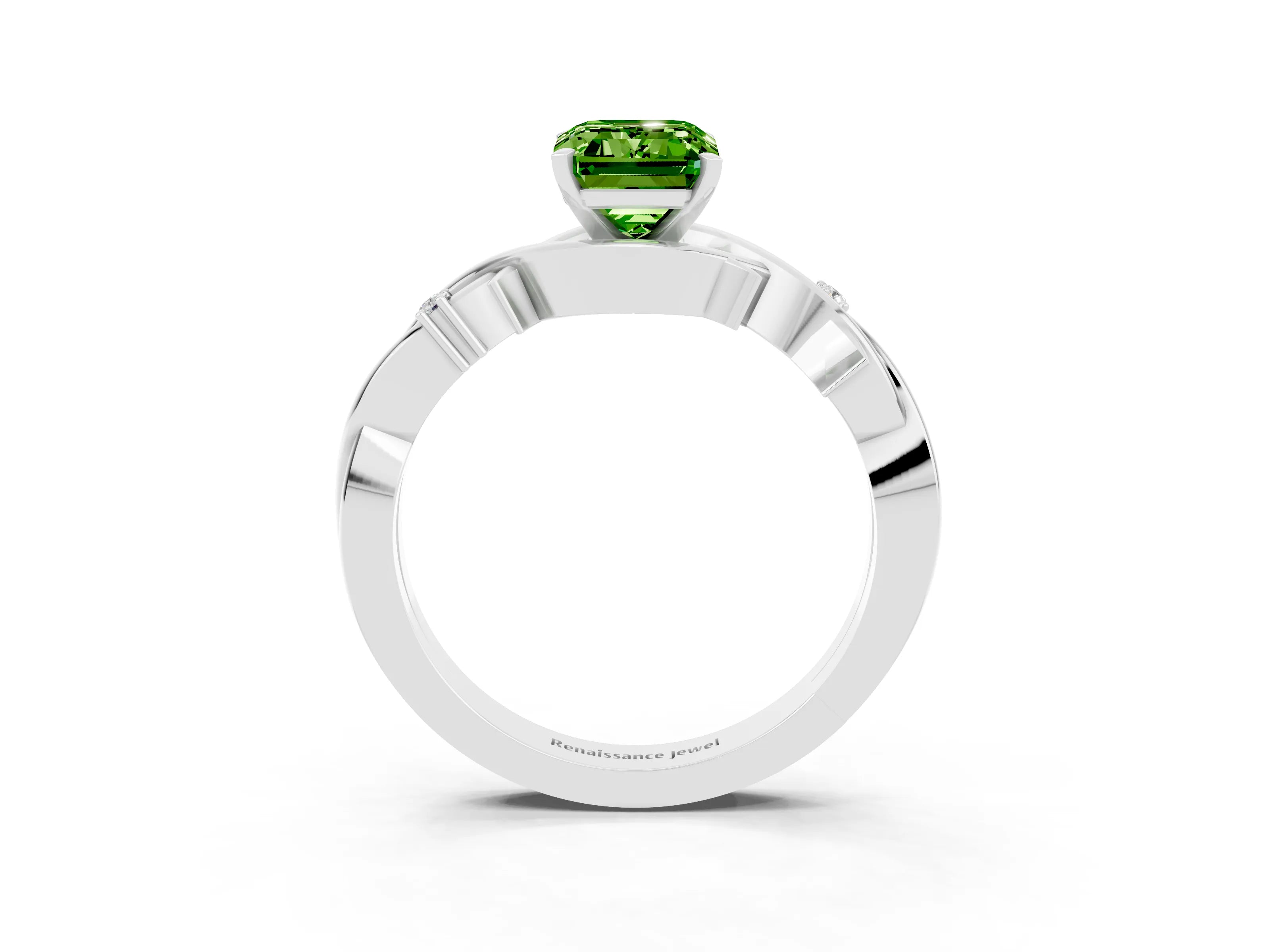 White gold Emerald Cut Peridot Solitaire Ring with Twisted Band and Prong Setting_3