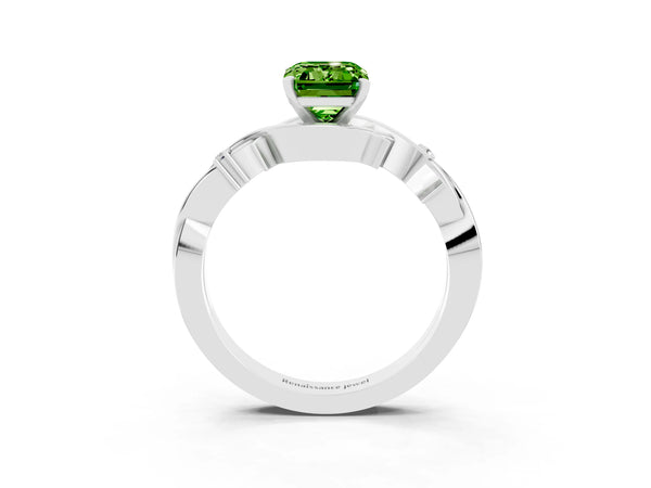 Silver Emerald Cut Peridot Solitaire Ring with Twisted Band and Prong Setting