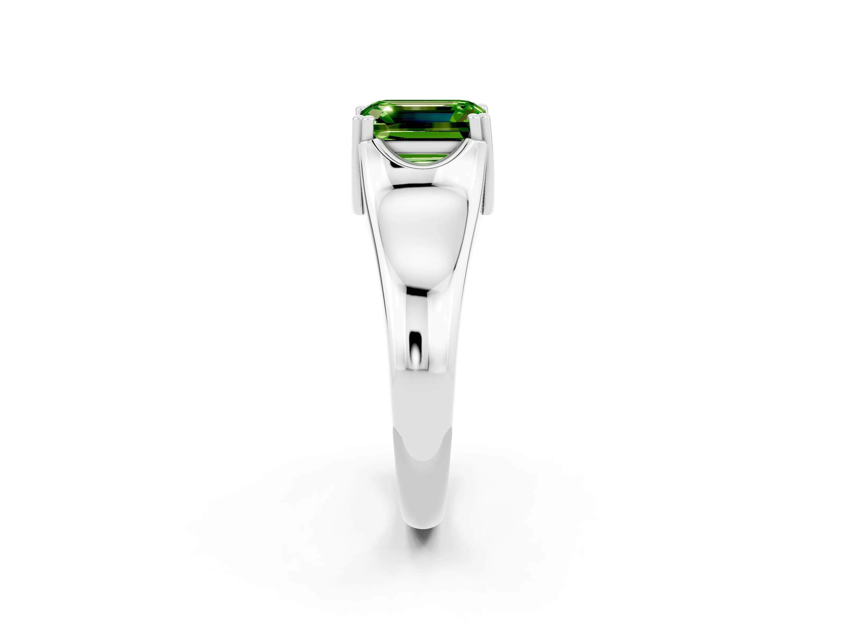 White gold Emerald Cut Peridot Solitaire Ring with Wide Band and Prong Setting_2