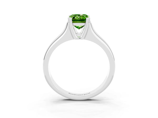 White gold Emerald Cut Peridot Solitaire Ring with Wide Band and Prong Setting