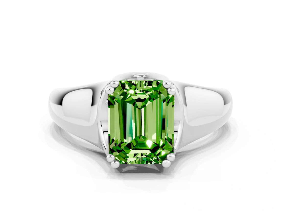 White gold Emerald Cut Peridot Solitaire Ring with Wide Band and Prong Setting