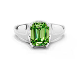 White gold Emerald Cut Peridot Solitaire Ring with Wide Band and Prong Setting