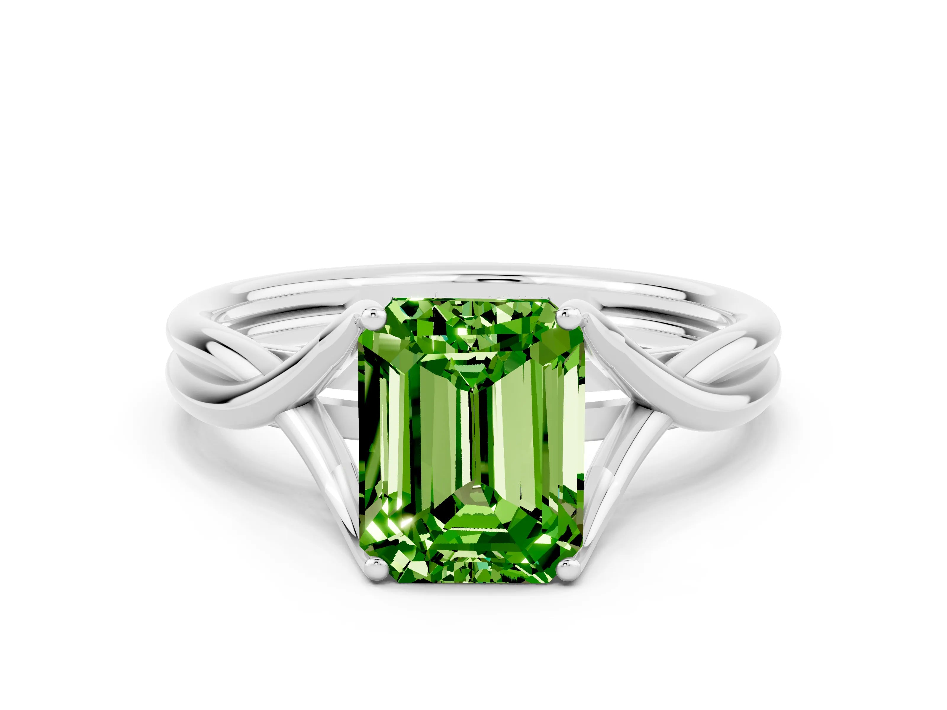 White gold Emerald Cut Peridot Solitaire Twist Band Prong Setting Ring_36