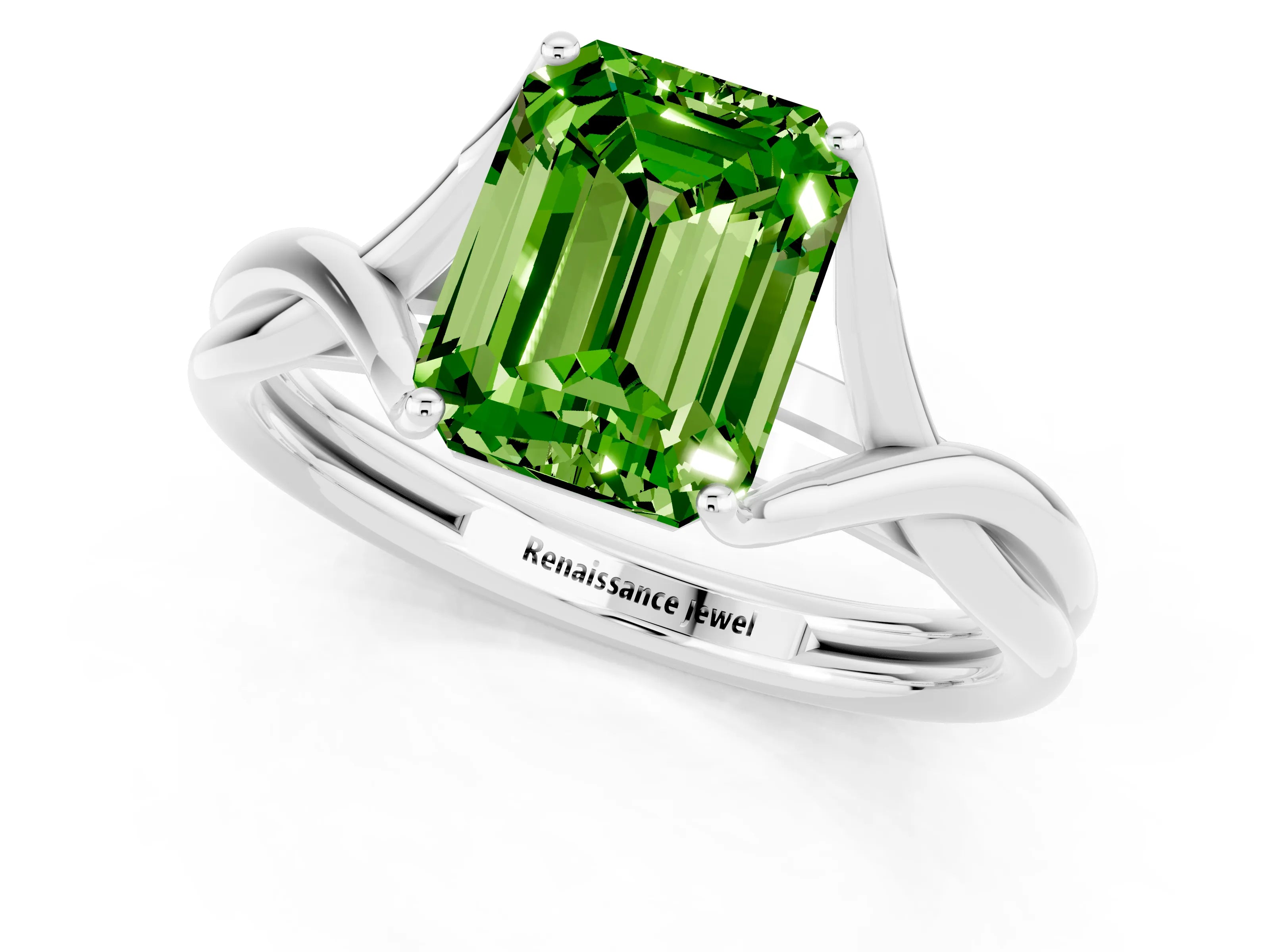 White gold Emerald Cut Peridot Solitaire Twist Band Prong Setting Ring_37
