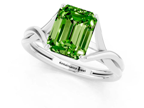 White gold Emerald Cut Peridot Solitaire Twist Band Prong Setting Ring_37