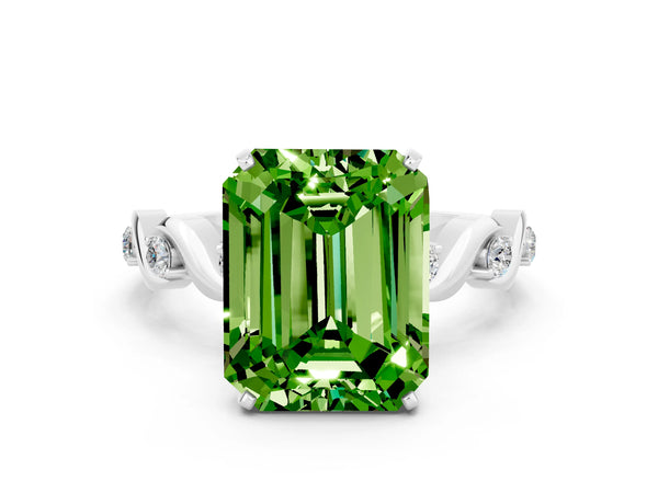 Platinum Emerald Cut Peridot Solitaire Twisted Band with Round  Accents and Prong Setting