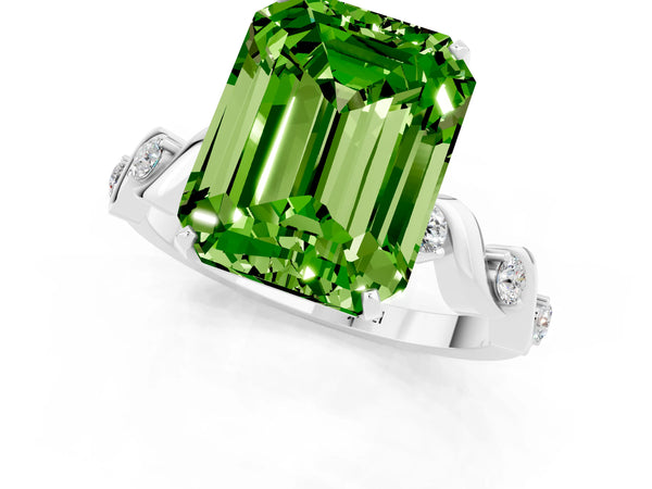 White gold Emerald Cut Peridot Solitaire Twisted Band with Round  Accents and Prong Setting