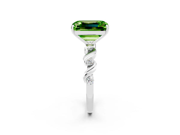Platinum Emerald Cut Peridot Solitaire Twisted Band with Round  Accents and Prong Setting