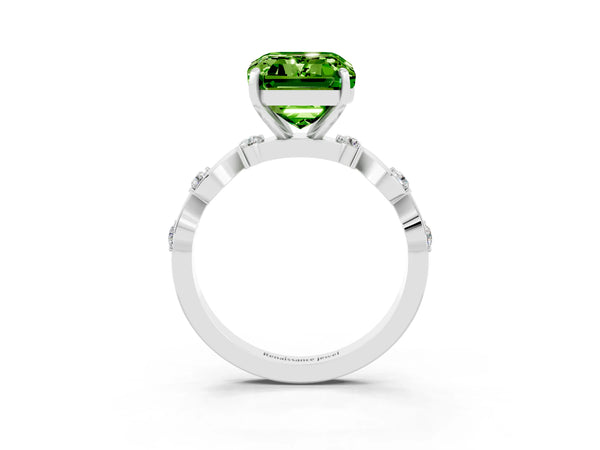 Platinum Emerald Cut Peridot Solitaire Twisted Band with Round  Accents and Prong Setting