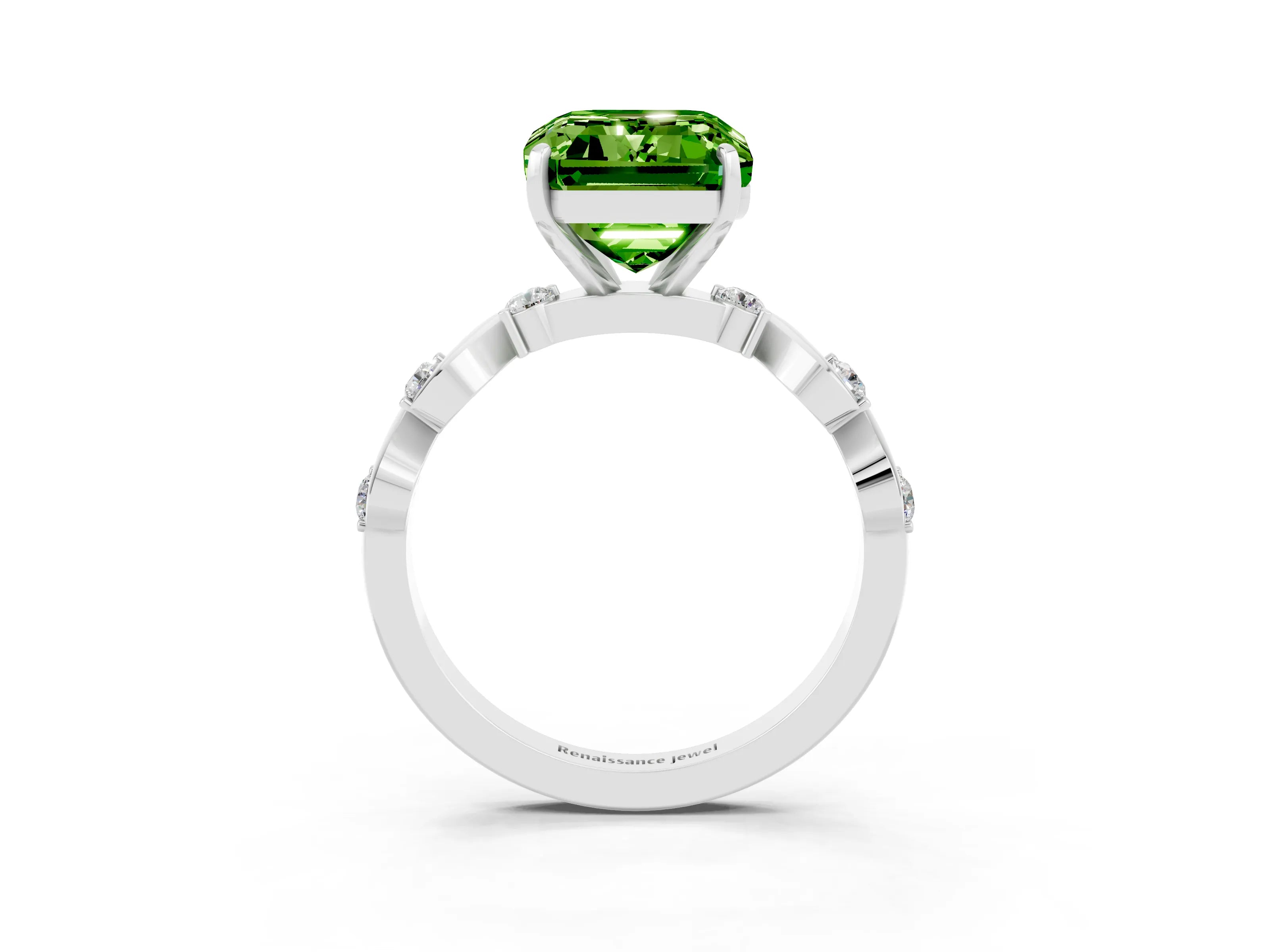 White gold Emerald Cut Peridot Solitaire Twisted Band with Round  Accents and Prong Setting_15