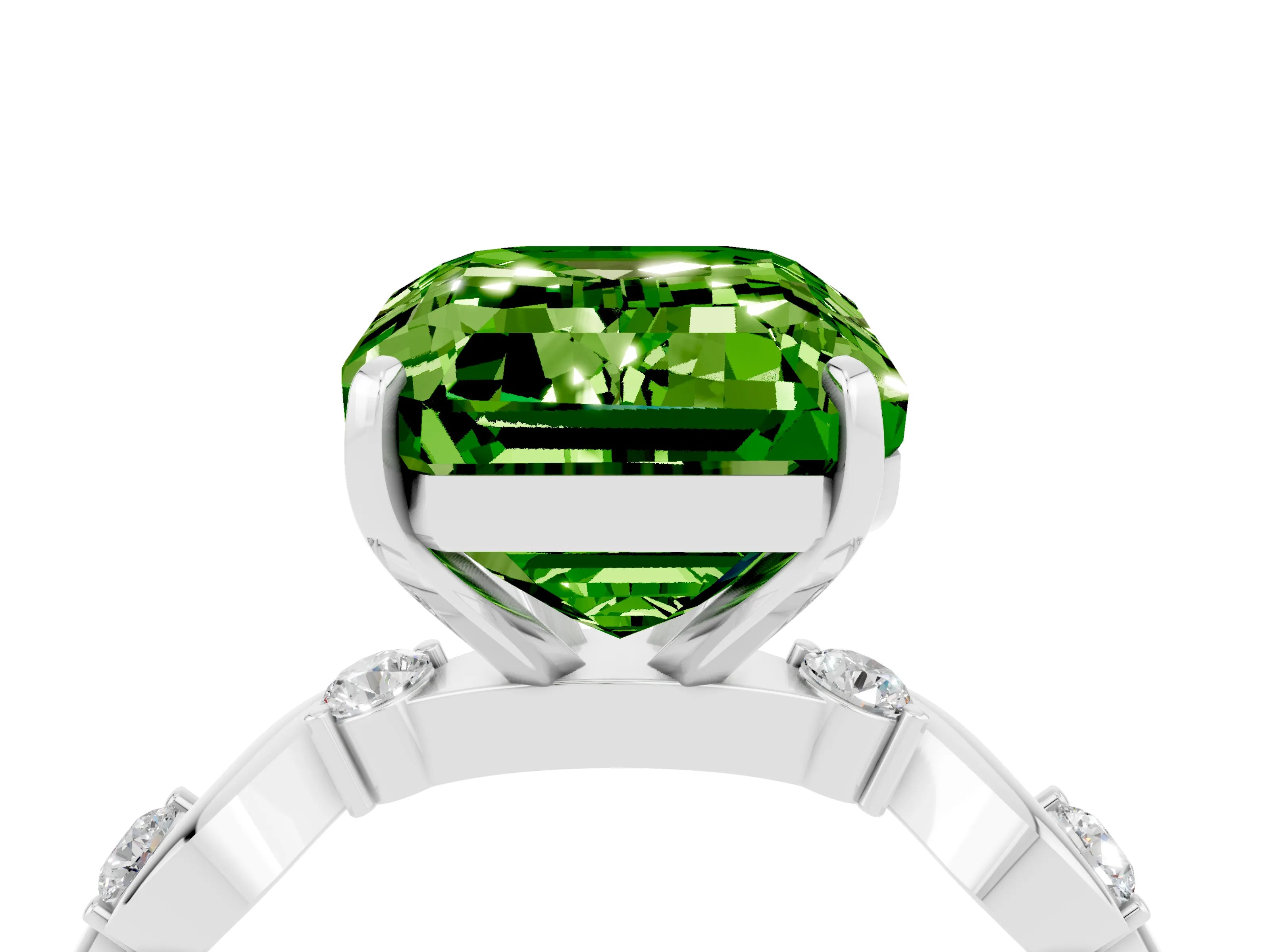 White gold Emerald Cut Peridot Solitaire Twisted Band with Round  Accents and Prong Setting_16
