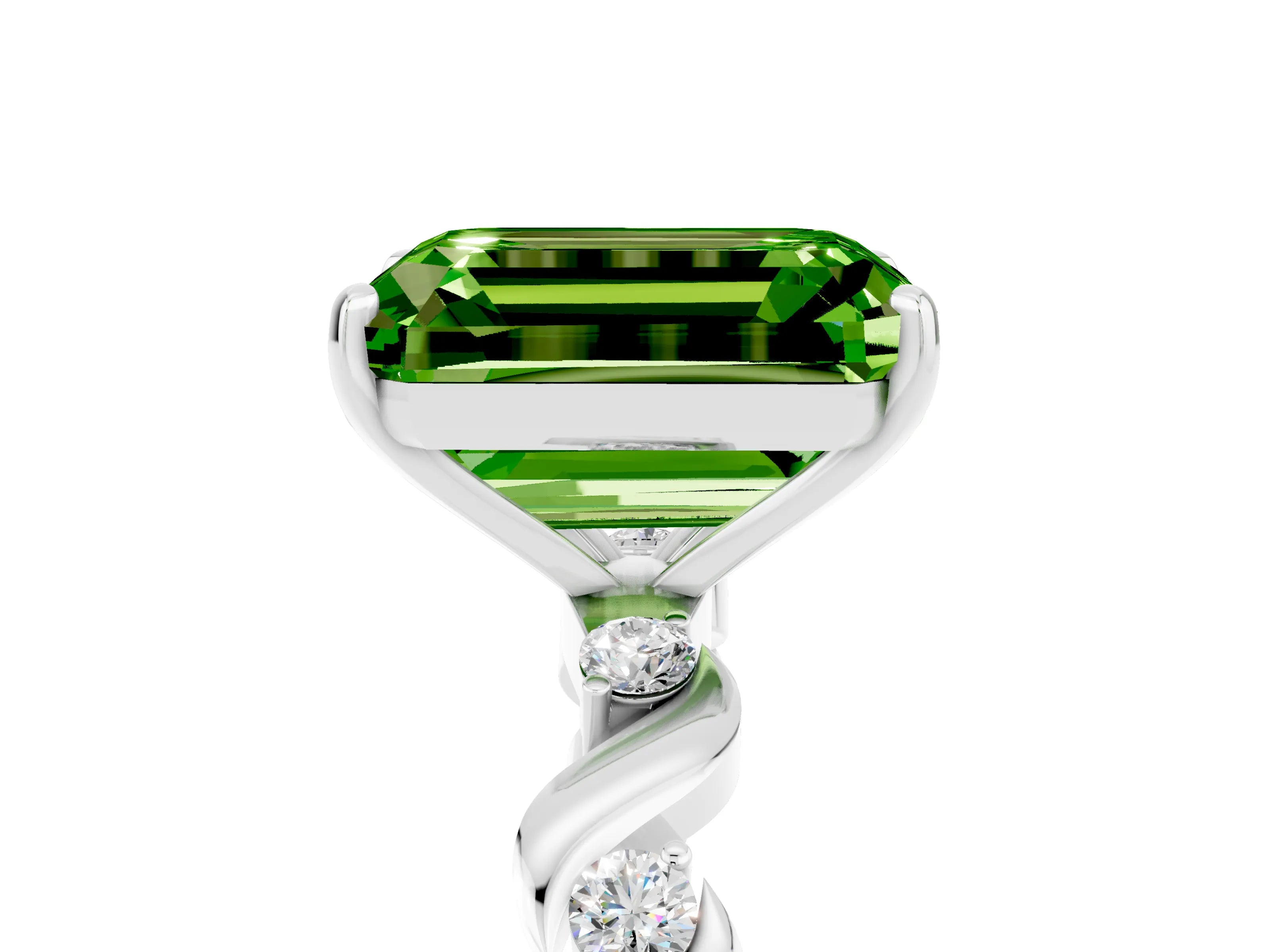 White gold Emerald Cut Peridot Solitaire Twisted Band with Round  Accents and Prong Setting_17