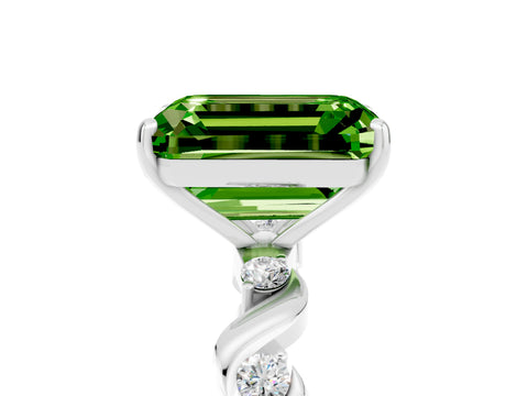 White gold Emerald Cut Peridot Solitaire Twisted Band with Round  Accents and Prong Setting_17