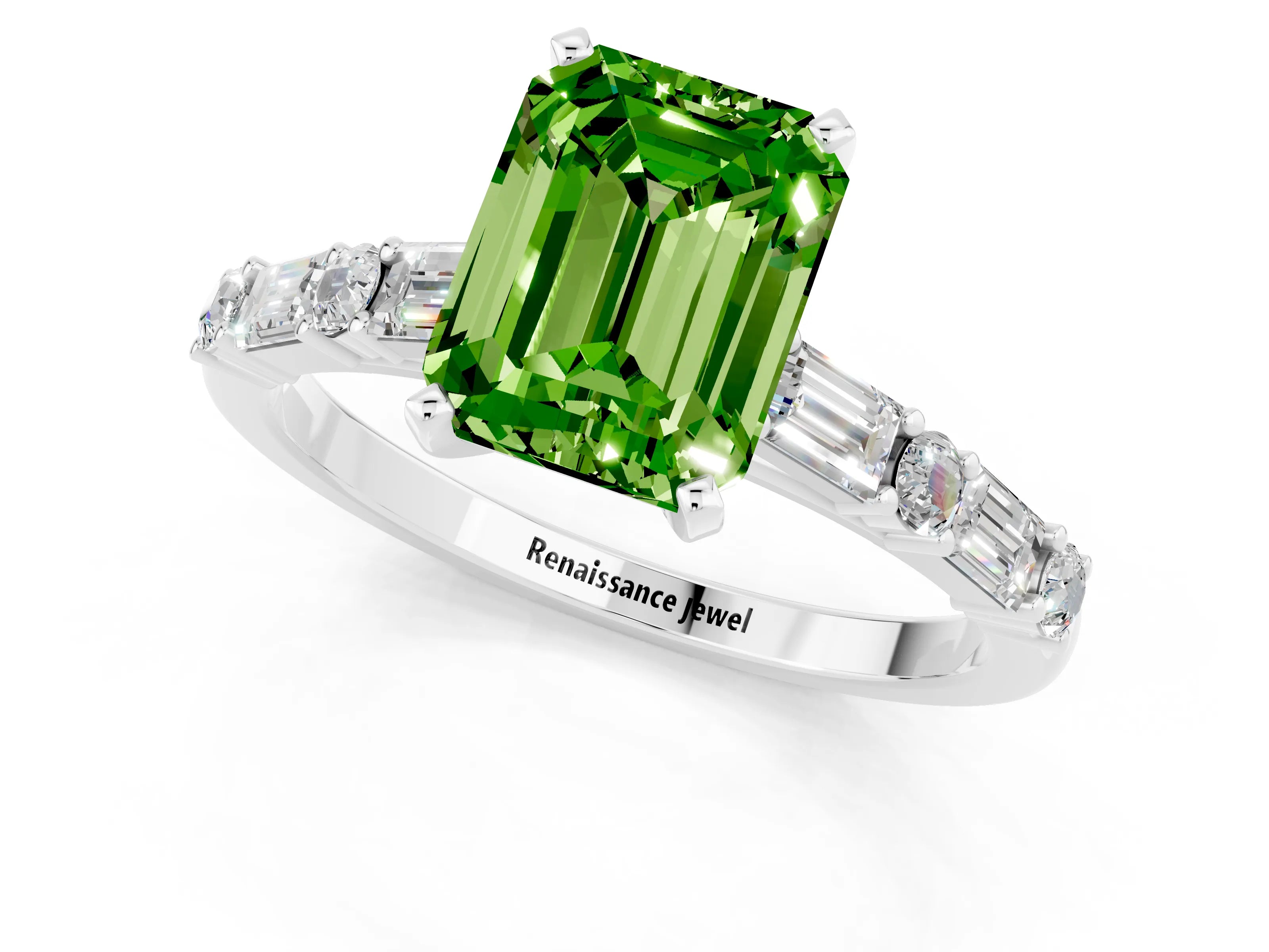 White gold Emerald Cut Peridot Solitaire with Side Baguettes and Channel Set Band_1