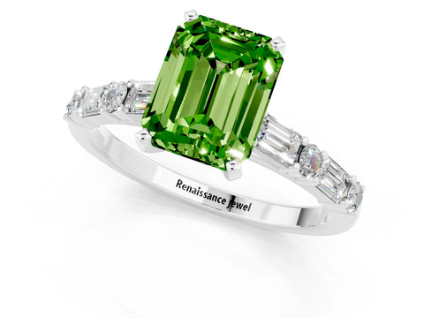 White gold Emerald Cut Peridot Solitaire with Side Baguettes and Channel Set Band_1