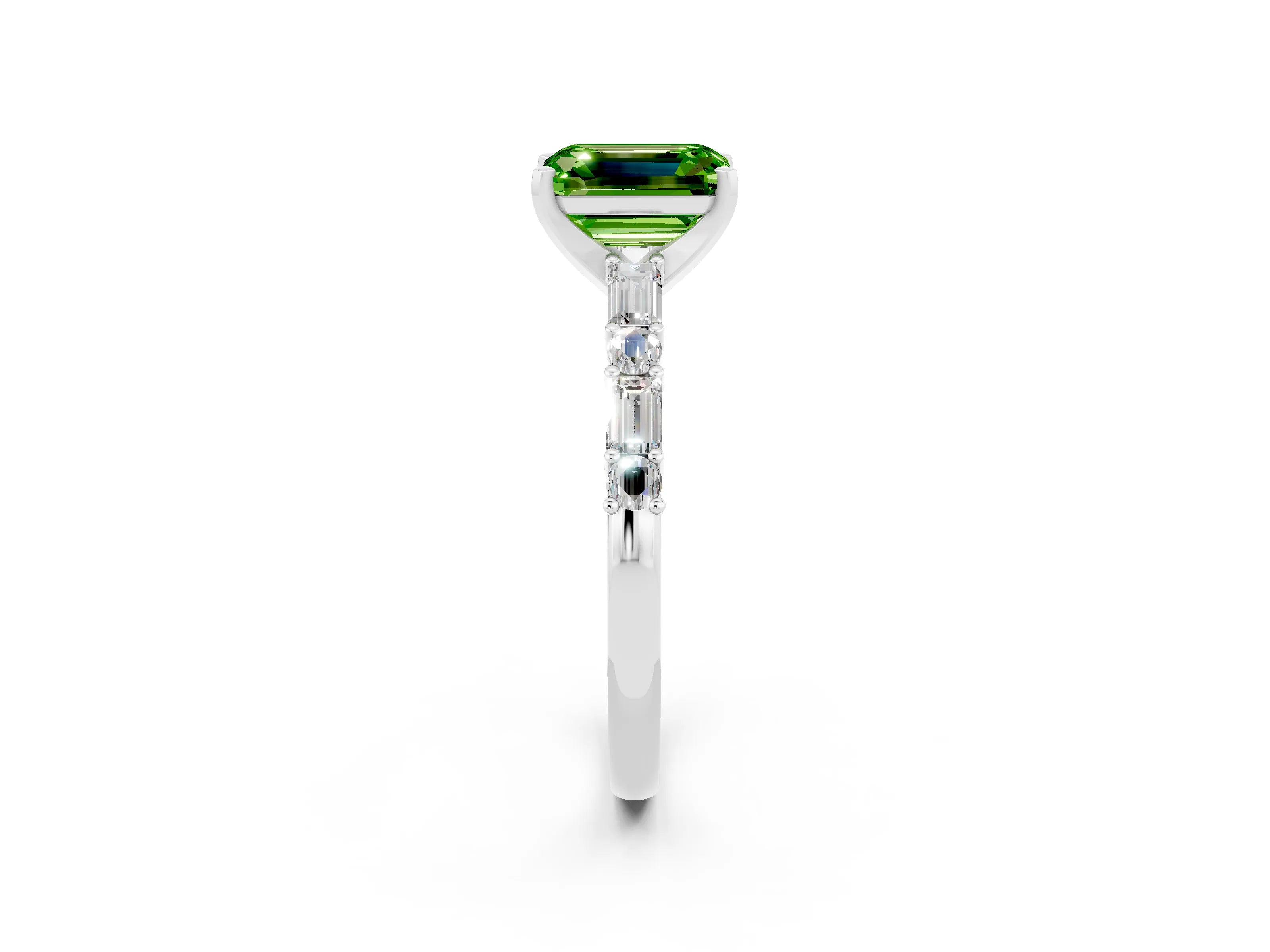 White gold Emerald Cut Peridot Solitaire with Side Baguettes and Channel Set Band_2
