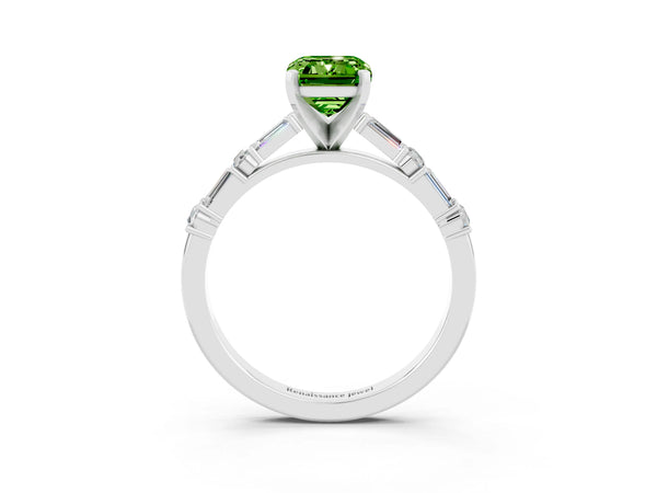 Platinum Emerald Cut Peridot Solitaire with Side Baguettes and Channel Set Band