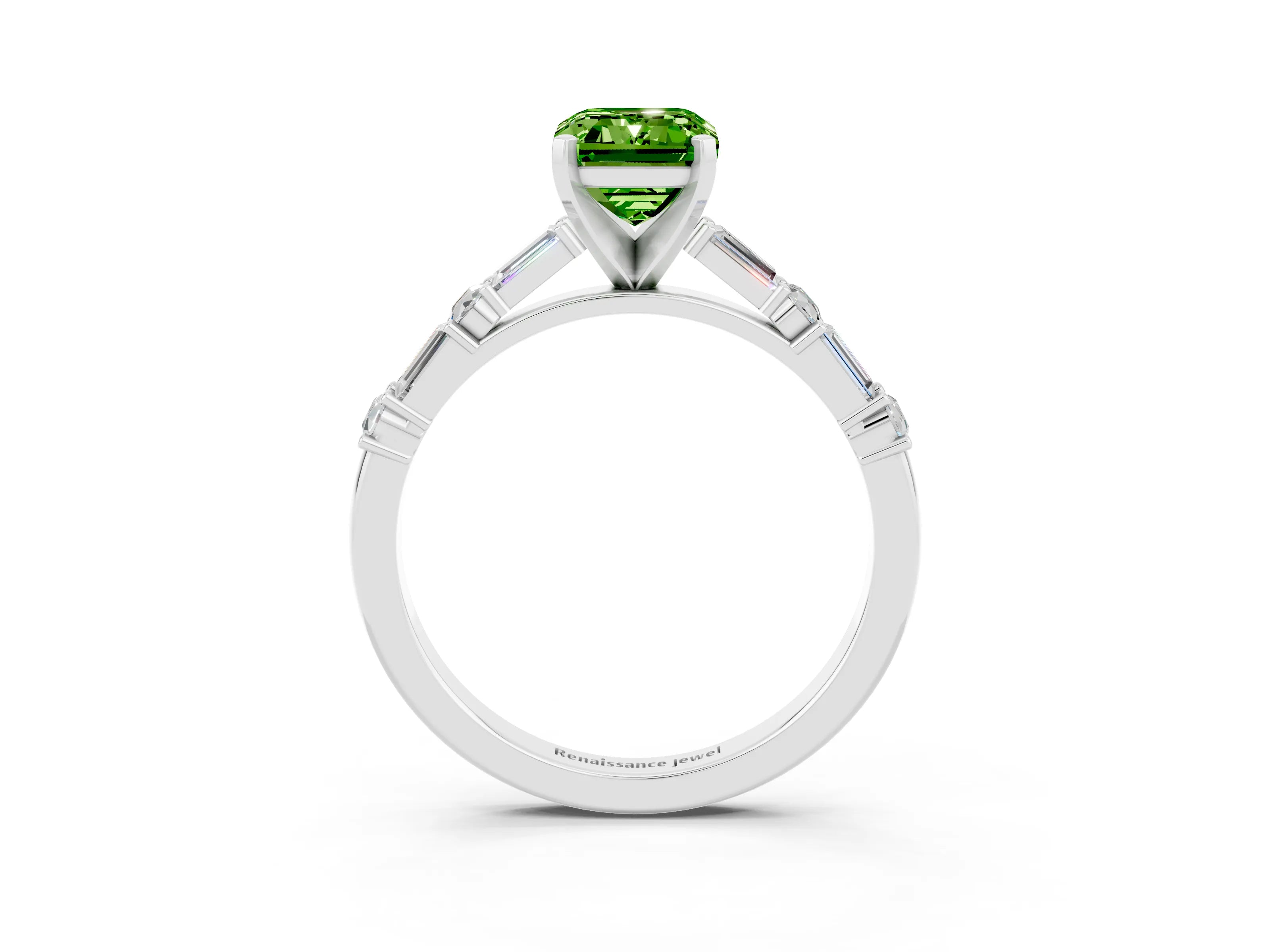 White gold Emerald Cut Peridot Solitaire with Side Baguettes and Channel Set Band_3