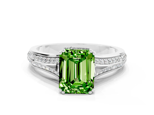 Platinum Emerald Cut Peridot Split Shank Engagement Ring with Pavé Band