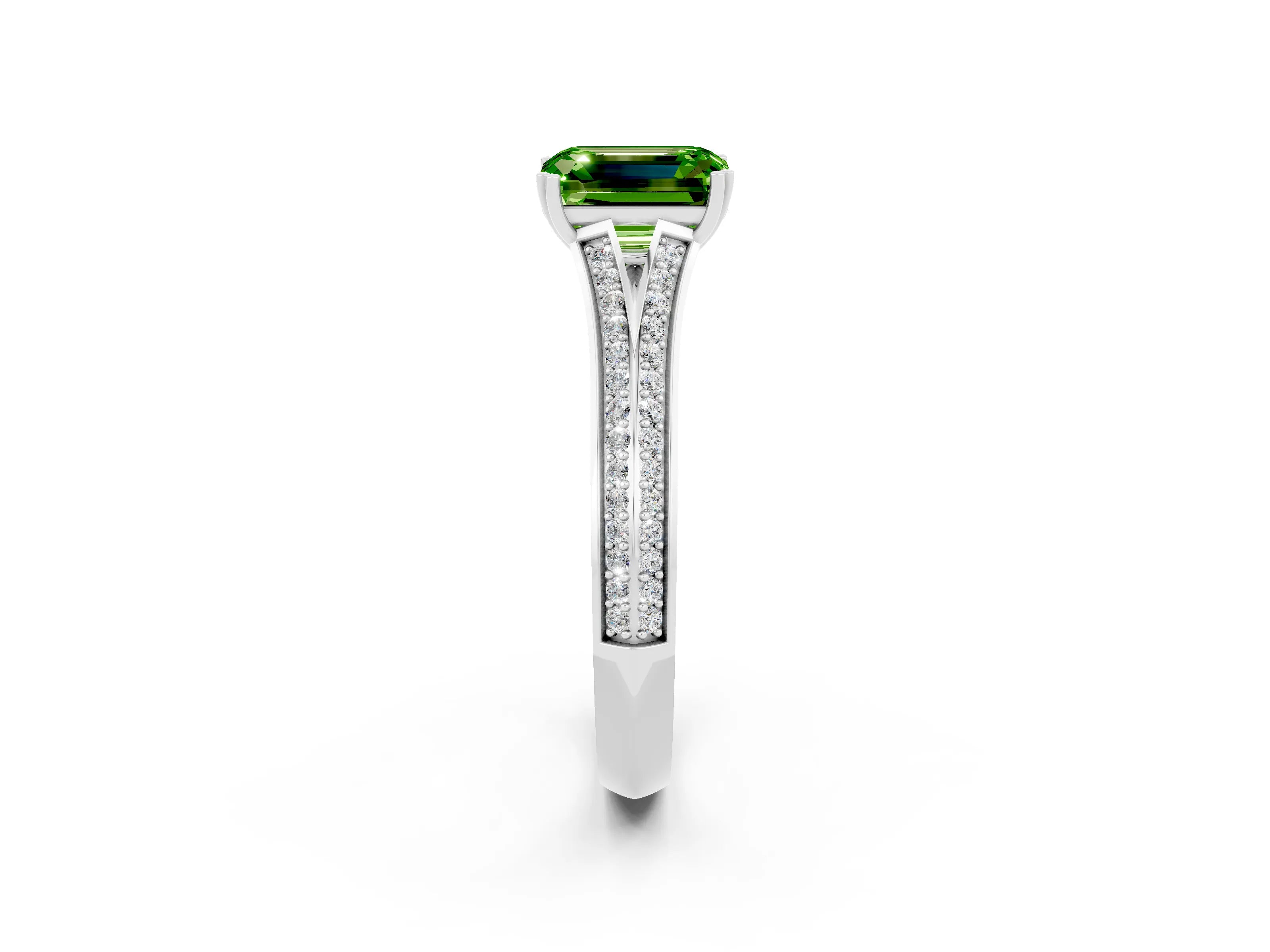 White gold Emerald Cut Peridot Split Shank Engagement Ring with Pavé Band_2