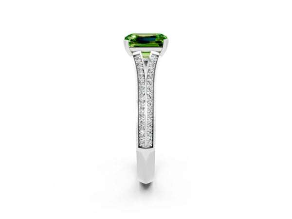 Silver Emerald Cut Peridot Split Shank Engagement Ring with Pavé Band