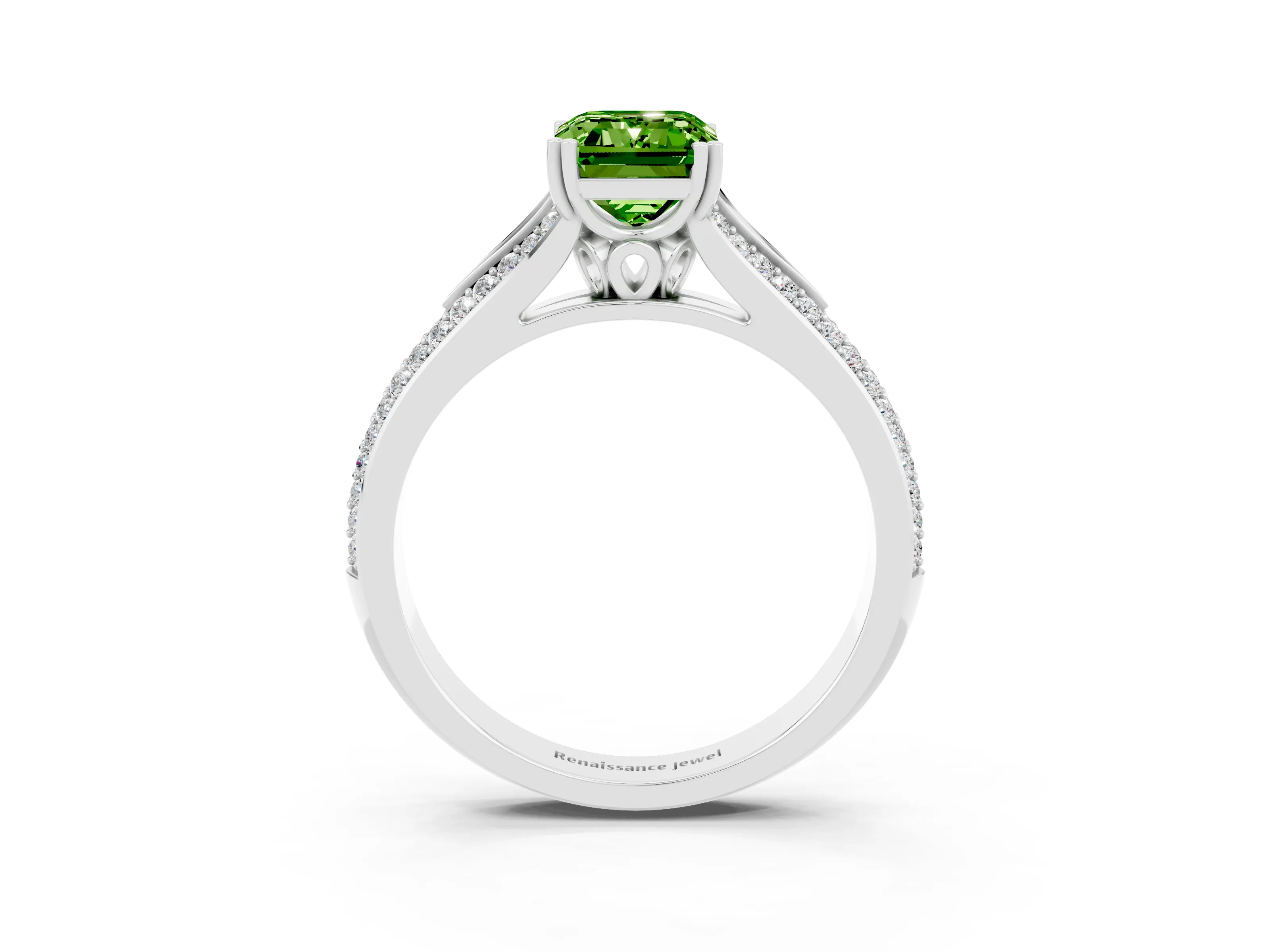 White gold Emerald Cut Peridot Split Shank Engagement Ring with Pavé Band_3