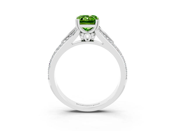 White gold Emerald Cut Peridot Split Shank Engagement Ring with Pavé Band