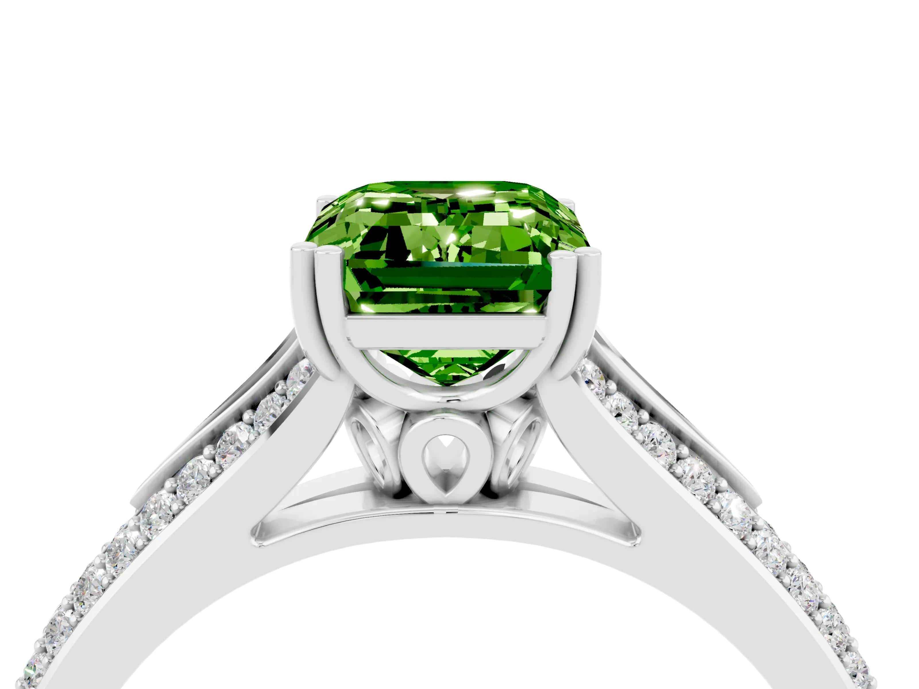 White gold Emerald Cut Peridot Split Shank Engagement Ring with Pavé Band_4