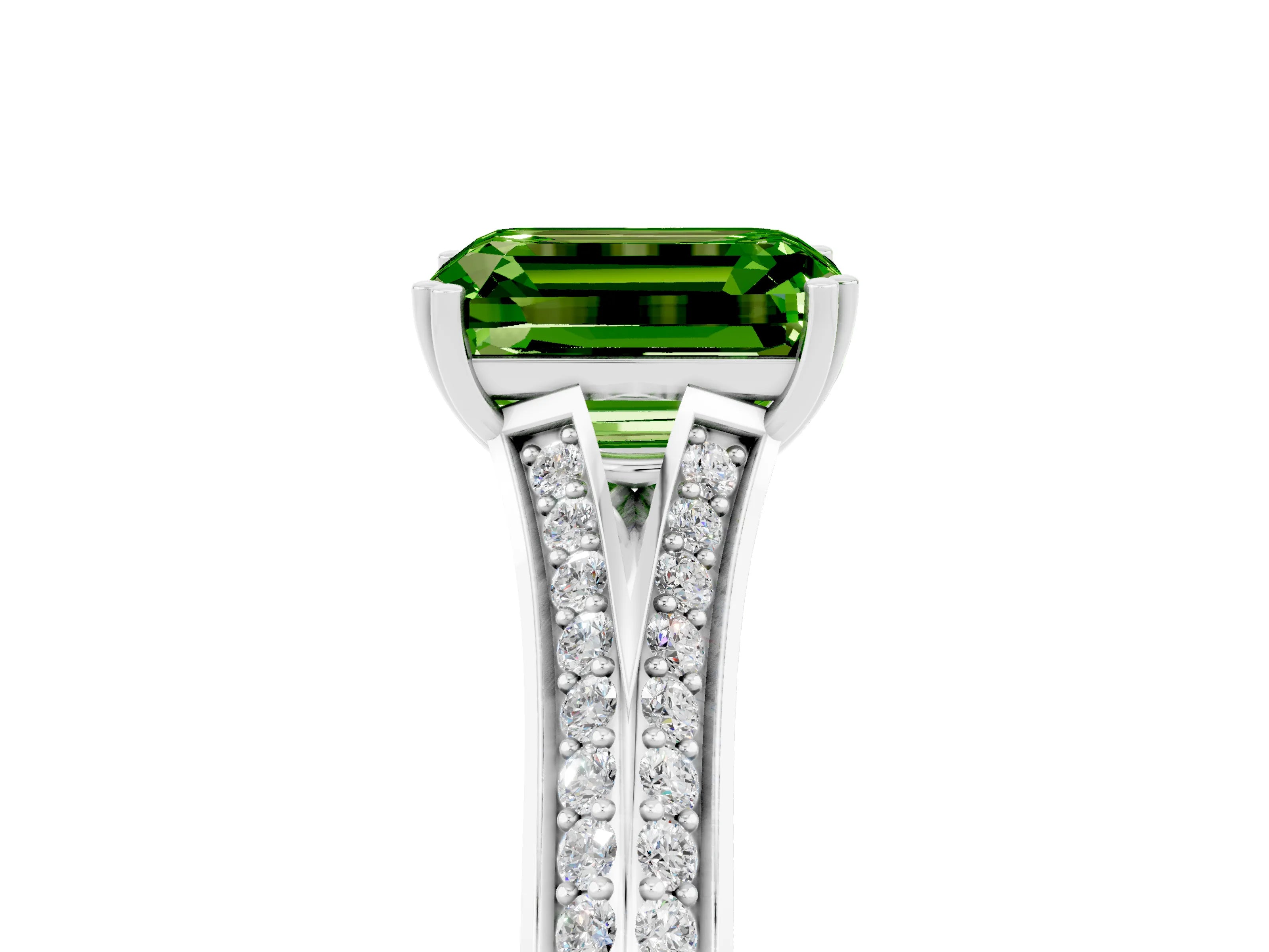 White gold Emerald Cut Peridot Split Shank Engagement Ring with Pavé Band_5