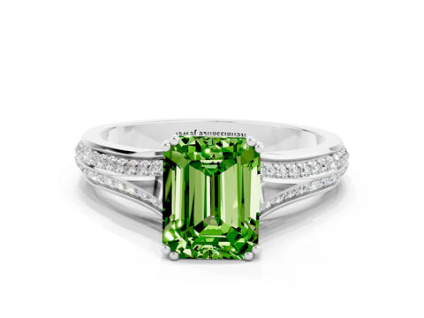 White gold Emerald Cut Peridot Split Shank Engagement Ring with Pavé Band