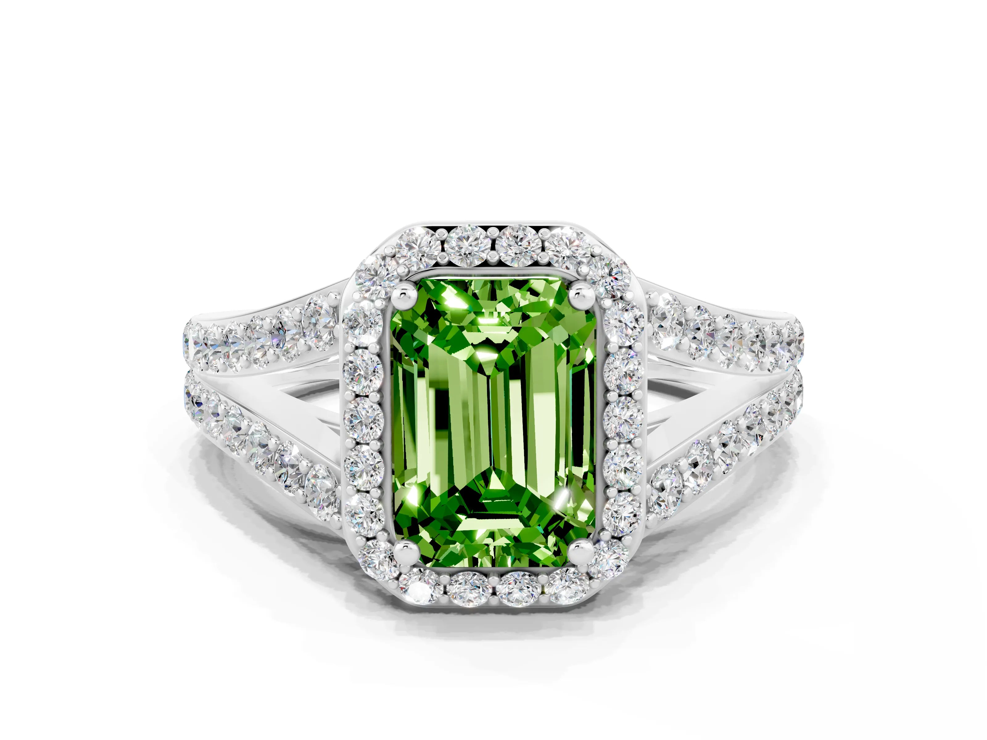 White gold Emerald Cut Peridot Split Shank Halo Ring with Four-Prong Setting_12
