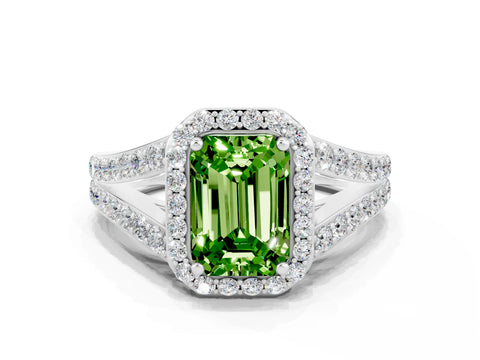 White gold Emerald Cut Peridot Split Shank Halo Ring with Four-Prong Setting_12