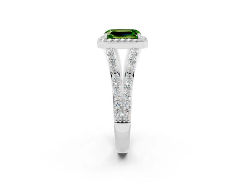 White gold Emerald Cut Peridot Split Shank Halo Ring with Four-Prong Setting_14